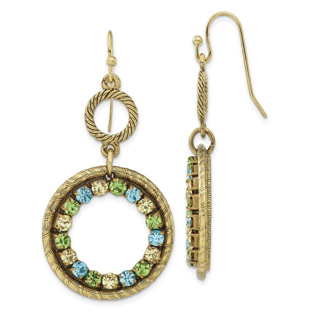 Brass-tone Frame Blue Green, Light Colorado Crystal Circle Dangle Earrings